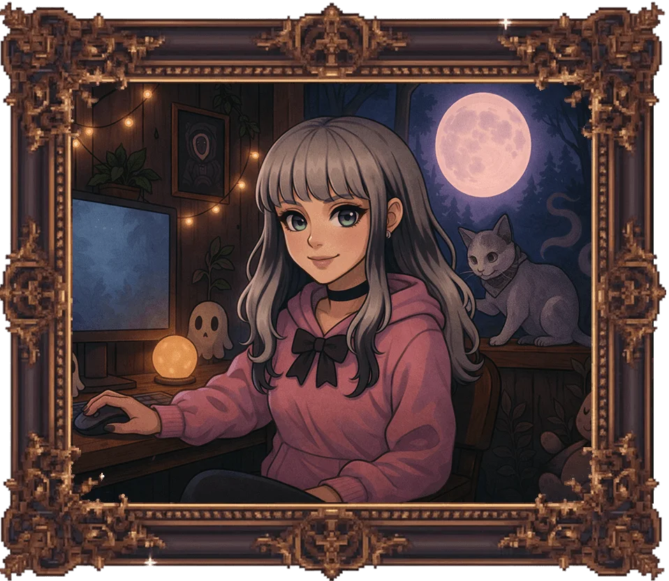 Illustrated portrait of Erin coding at her desk beneath a full moon, framed in an ornate golden frame