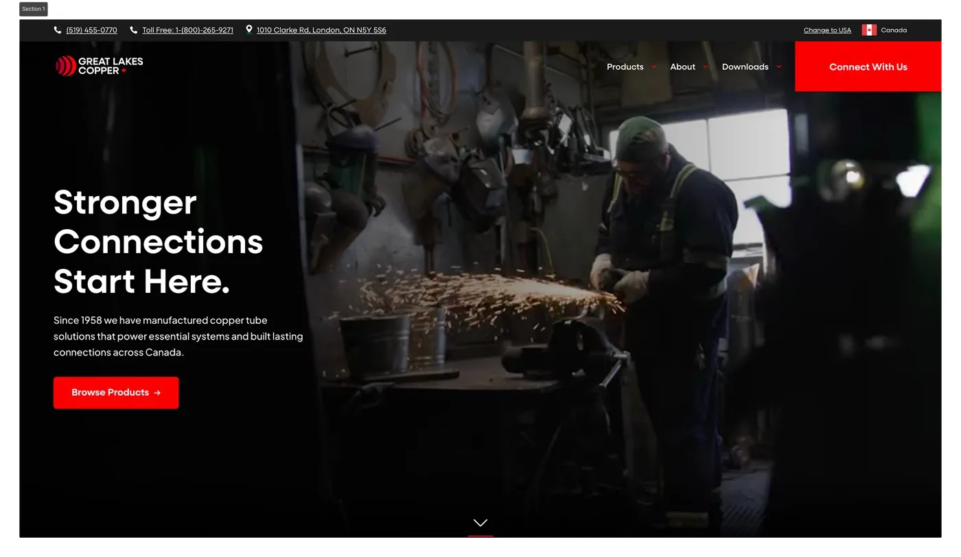 Homepage of the Great Lakes Copper website with the headline Stronger Connections Start Here