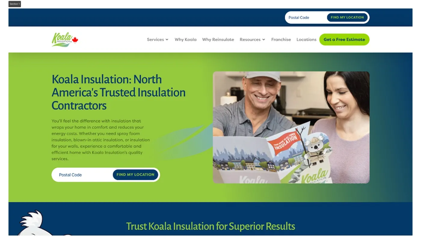 Homepage of the Koala Insulation Canada website